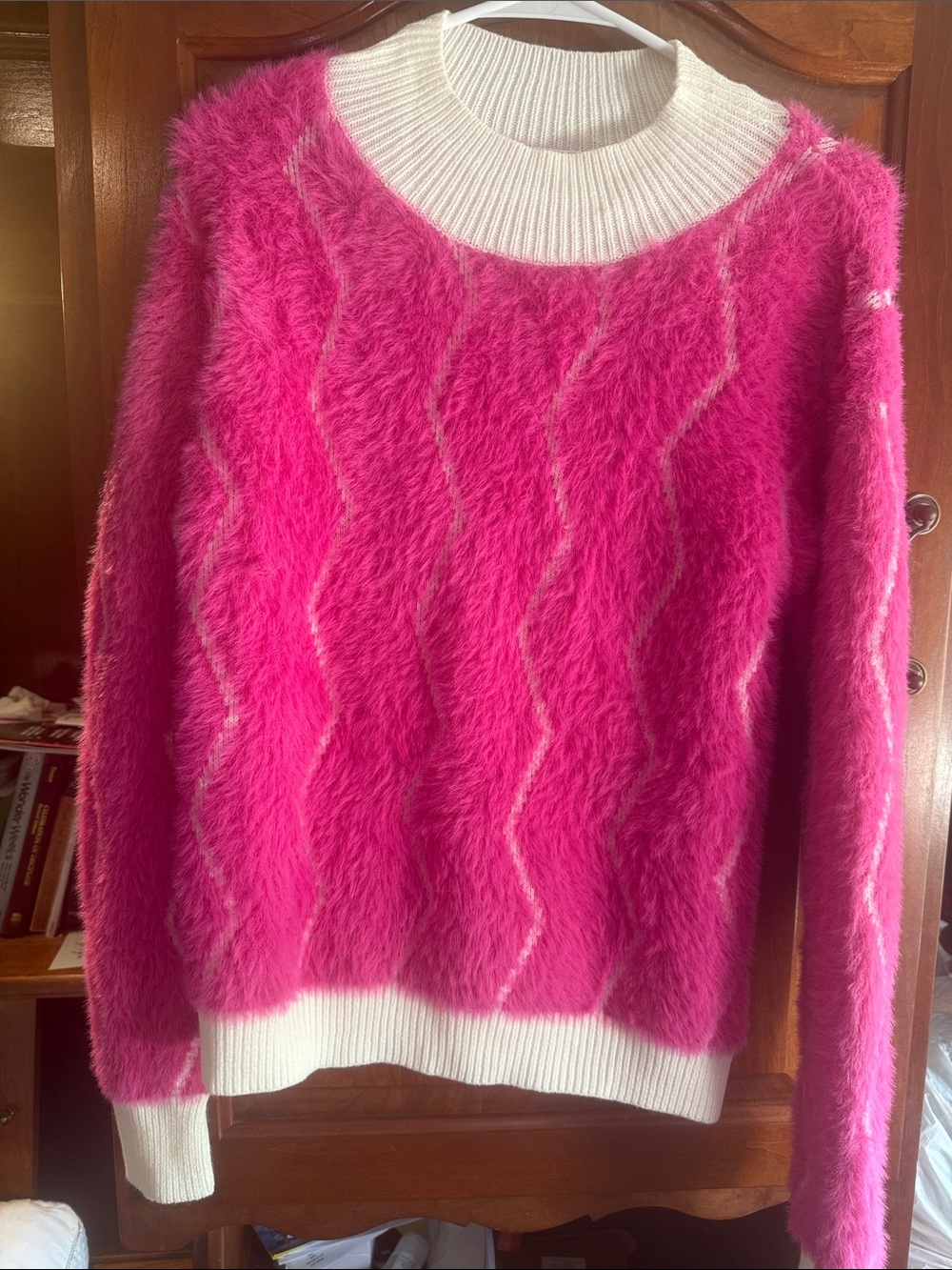Fuzzy Pink Crewneck Sweater with White Trim
